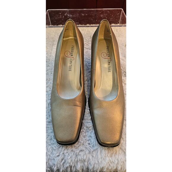 Vintage Parisian Signature Majestic Leather Pump Block Heel Square Toe 7.5N Gold - Picture 2 of 4